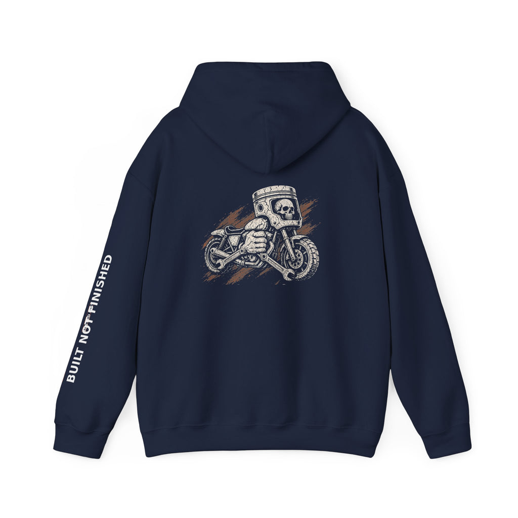 Motorcycle Skull Hoodie — "Built, Not Finished" Rider Sweatshirt