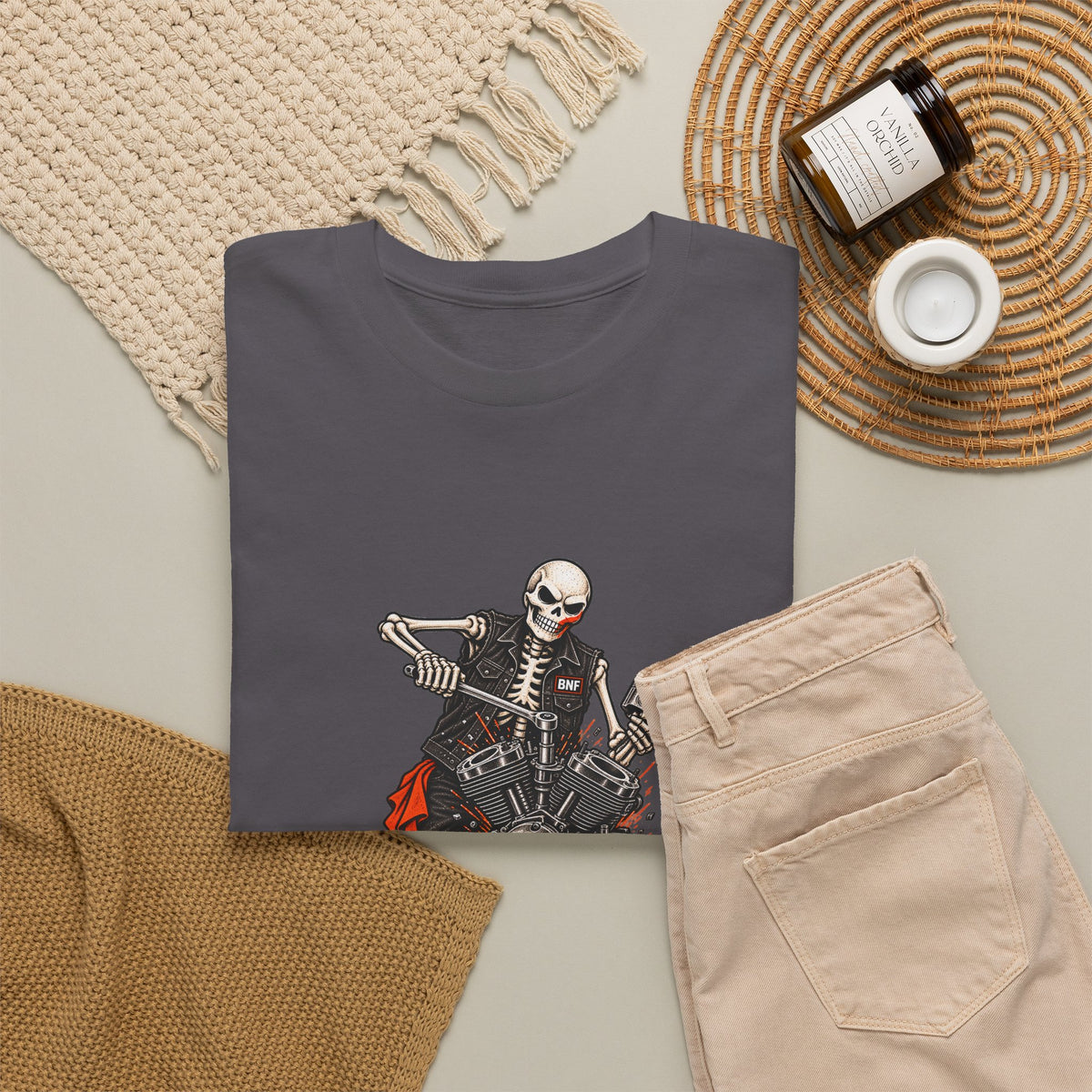 BNF Motorworks — Skeleton Mechanic Tee | Black + Sleeve Logo