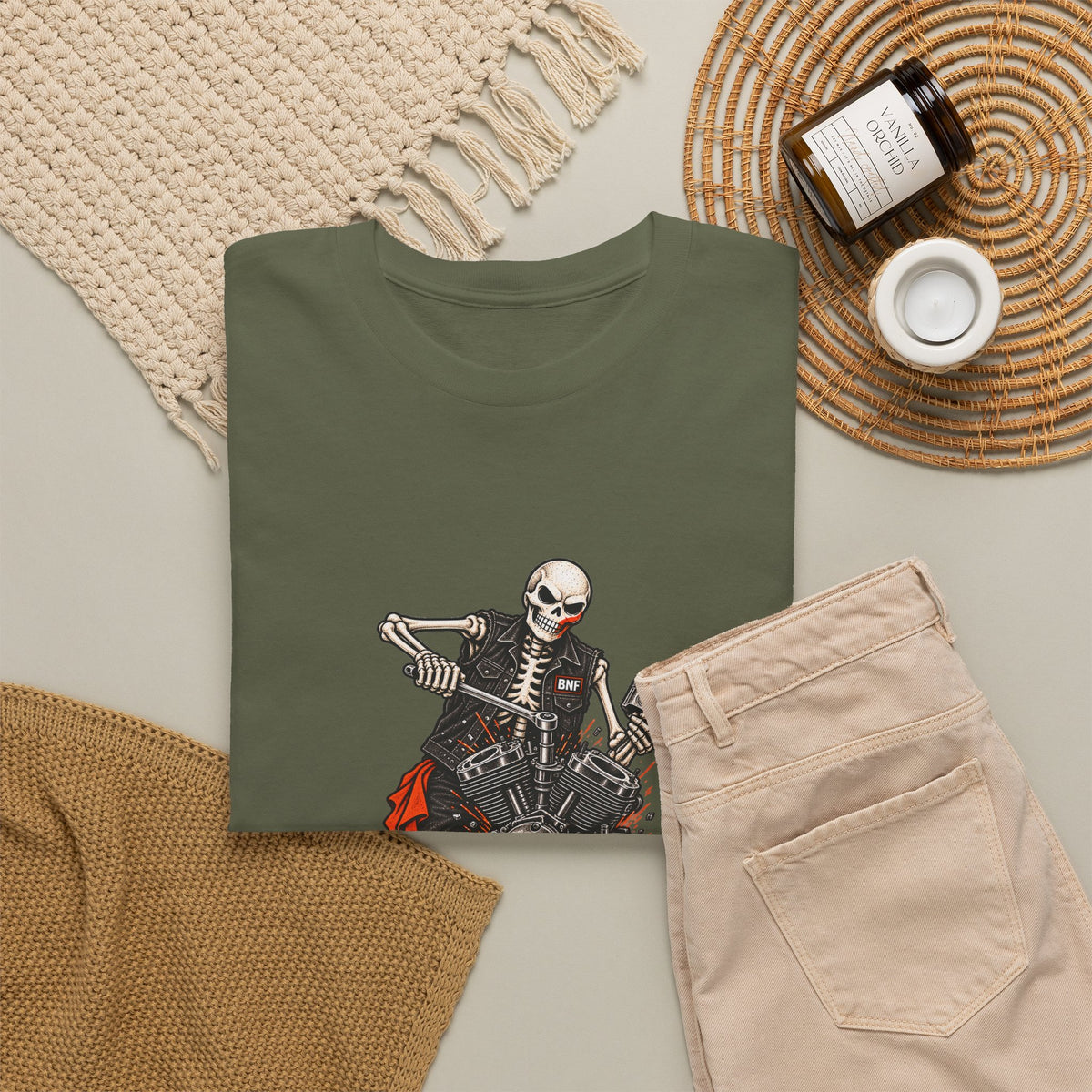 BNF Motorworks — Skeleton Mechanic Tee | Black + Sleeve Logo