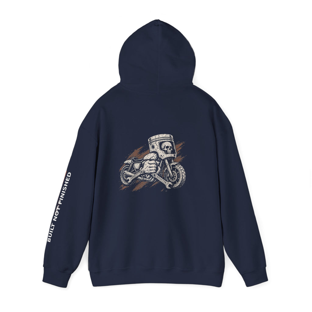 Motorcycle Skull Hoodie — "Built, Not Finished" Rider Sweatshirt