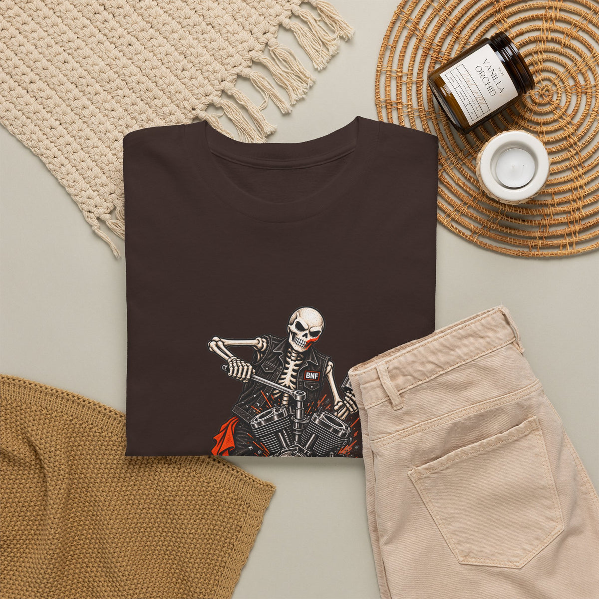 BNF Motorworks — Skeleton Mechanic Tee | Black + Sleeve Logo