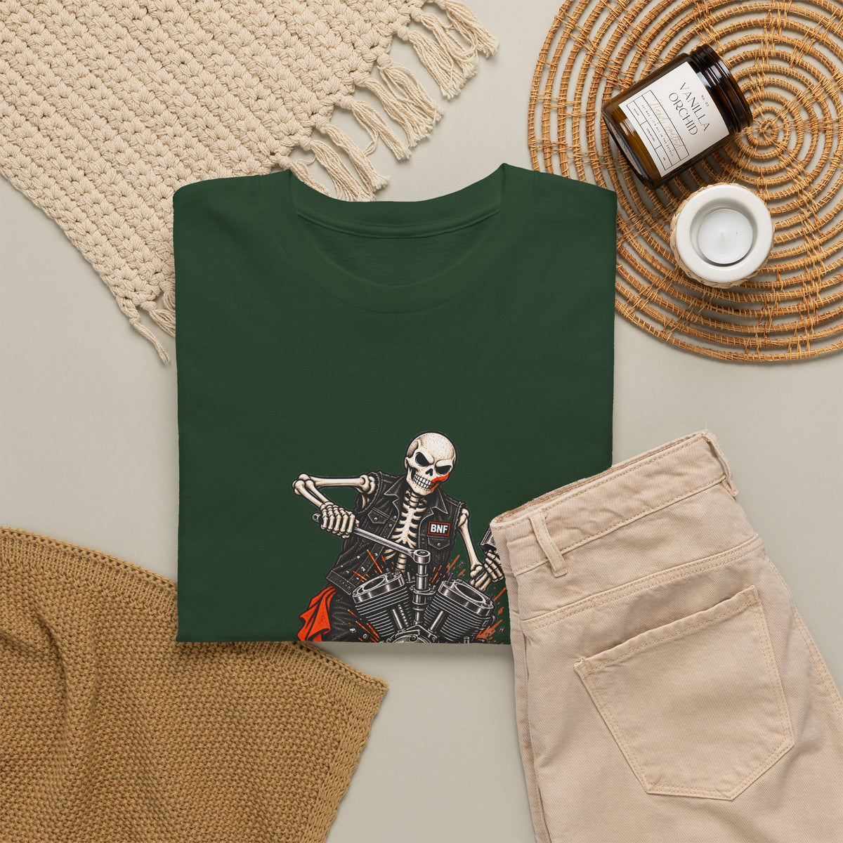 BNF Motorworks — Skeleton Mechanic Tee | Black + Sleeve Logo