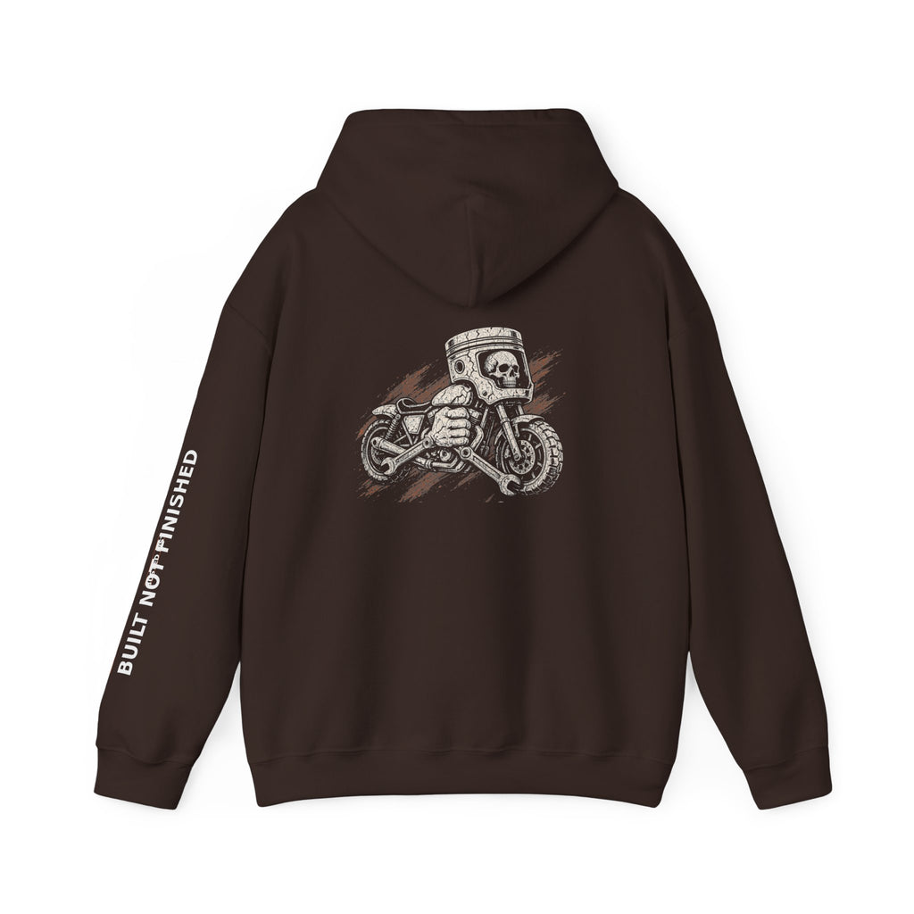 Motorcycle Skull Hoodie — "Built, Not Finished" Rider Sweatshirt