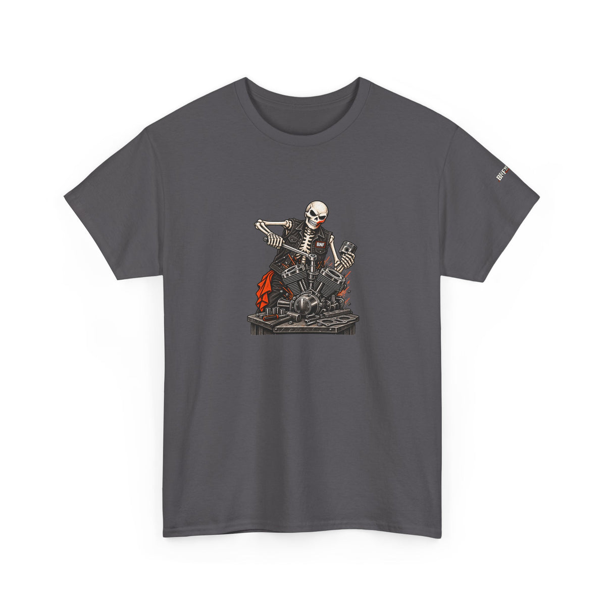 BNF Motorworks — Skeleton Mechanic Tee | Black + Sleeve Logo
