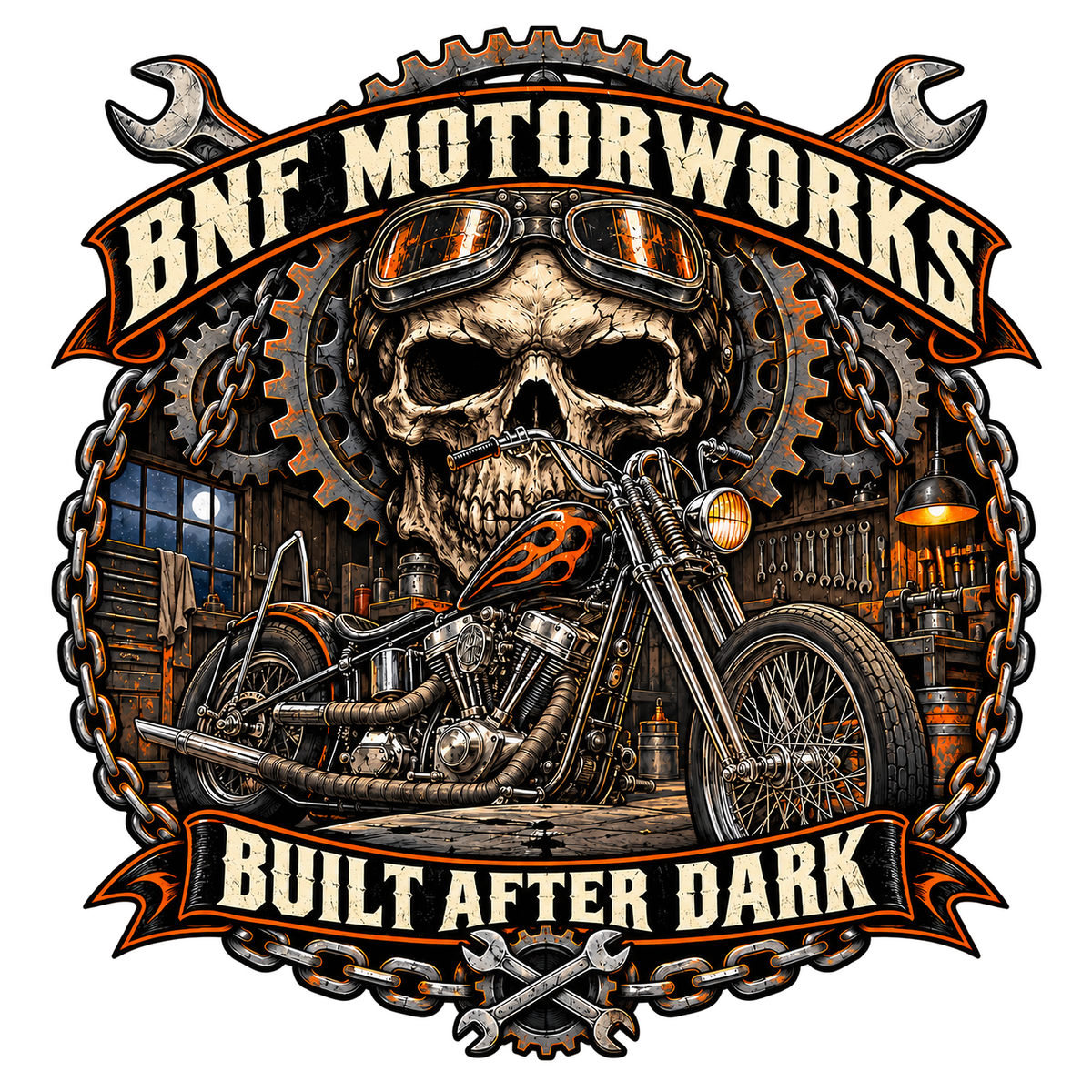 BNF Built After Dark chopper garage artwork