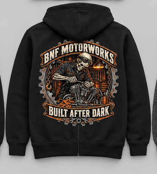 Black BNF Built After Dark full-zip hoodie concept mockup